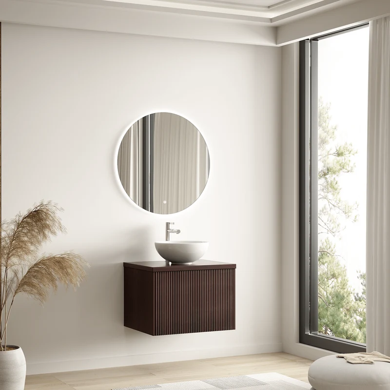 MESSINA Ribbel Walnoot - Waskom Wit - 60cm