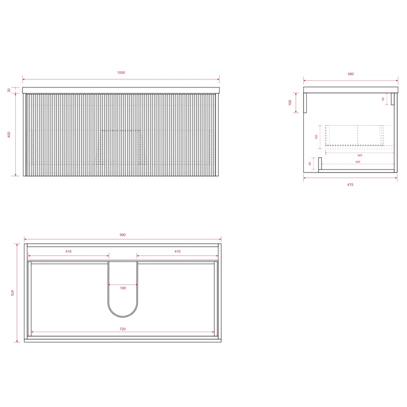 MESSINA Ribbel Walnoot - Waskom Zwart - 100cm