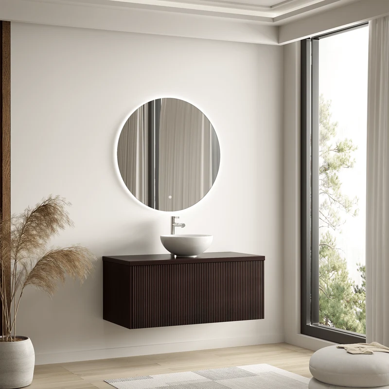 MESSINA Ribbel Walnoot - Waskom Wit - 100cm