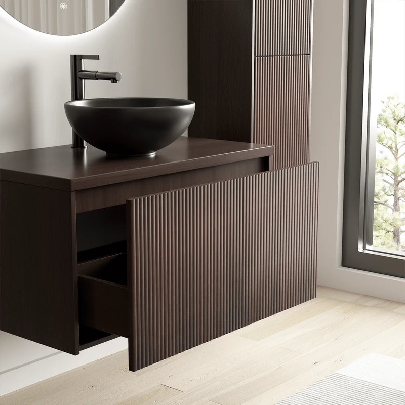 MESSINA Ribbel Walnoot - Waskom Zwart - 80cm