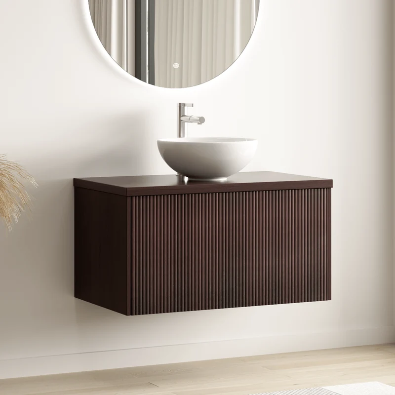 MESSINA Ribbel Walnoot - Waskom Wit - 80cm