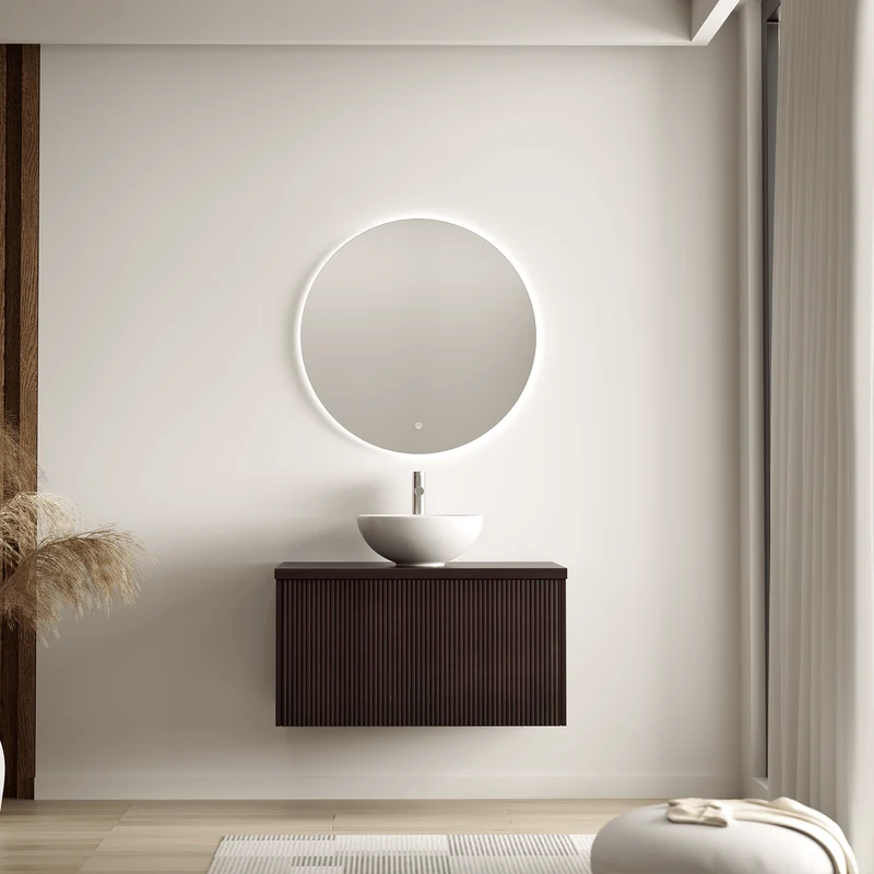 MESSINA Ribbel Walnoot - Waskom Wit - 80cm