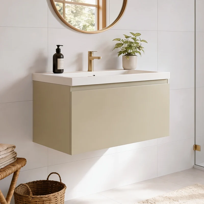 Badmeubelset SORRENTO 80cm - Met Kolomkast - Greige - Wastafel Wit