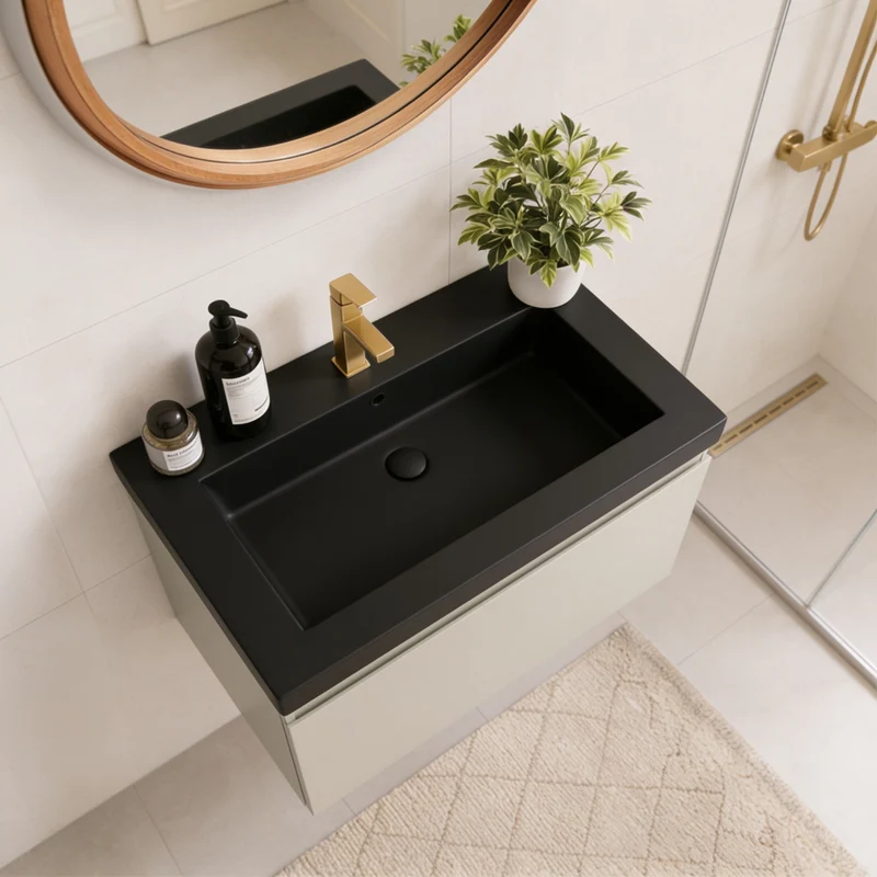 Badmeubelset SORRENTO 60cm - Met Kolomkast - Greige - Wastafel Zwart