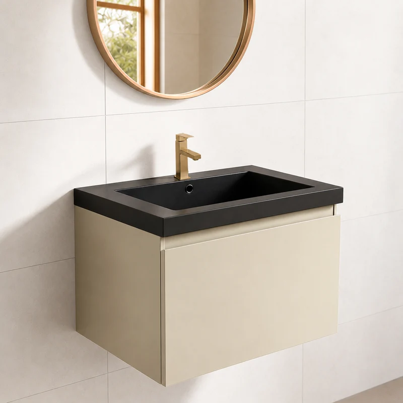 Badmeubelset SORRENTO 60cm - Met Kolomkast - Greige - Wastafel Zwart