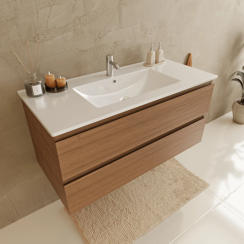 Badmeubelset VERONA 100 cm - Met Kolomkast - Warm Eiken - Wastafel Wit