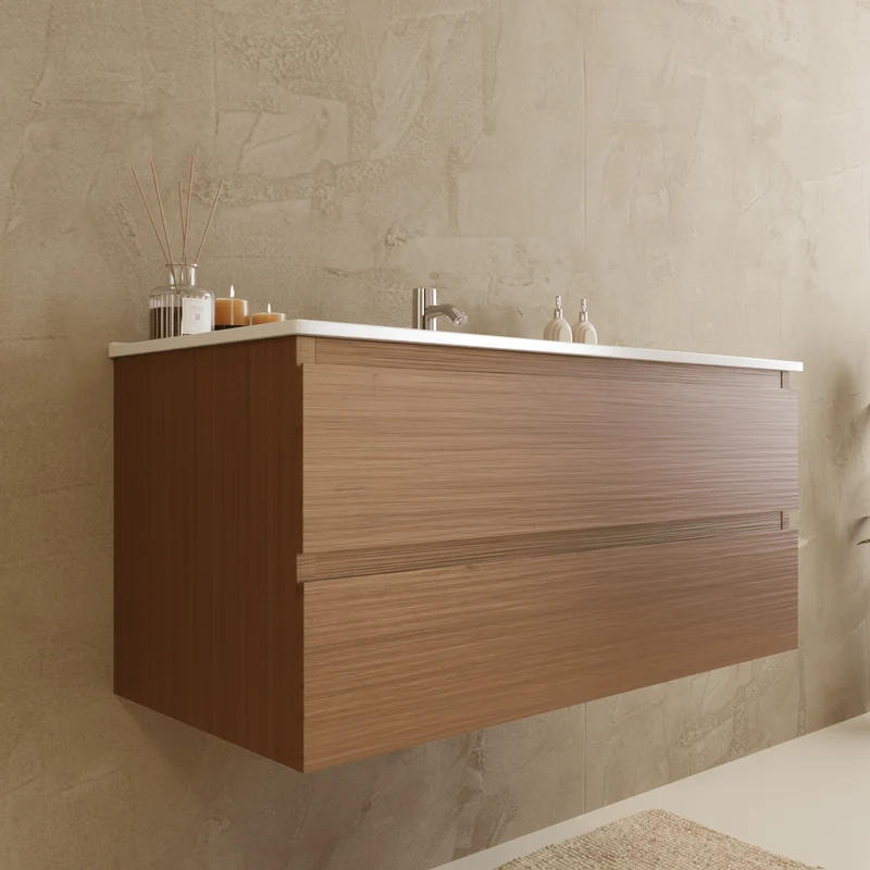 Badmeubelset VERONA 100 cm - Met Kolomkast - Warm Eiken - Wastafel Wit