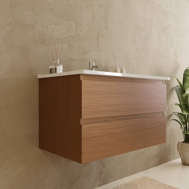 Badmeubelset VERONA 80 cm - Met Kolomkast - Warm Eiken - Wastafel Wit