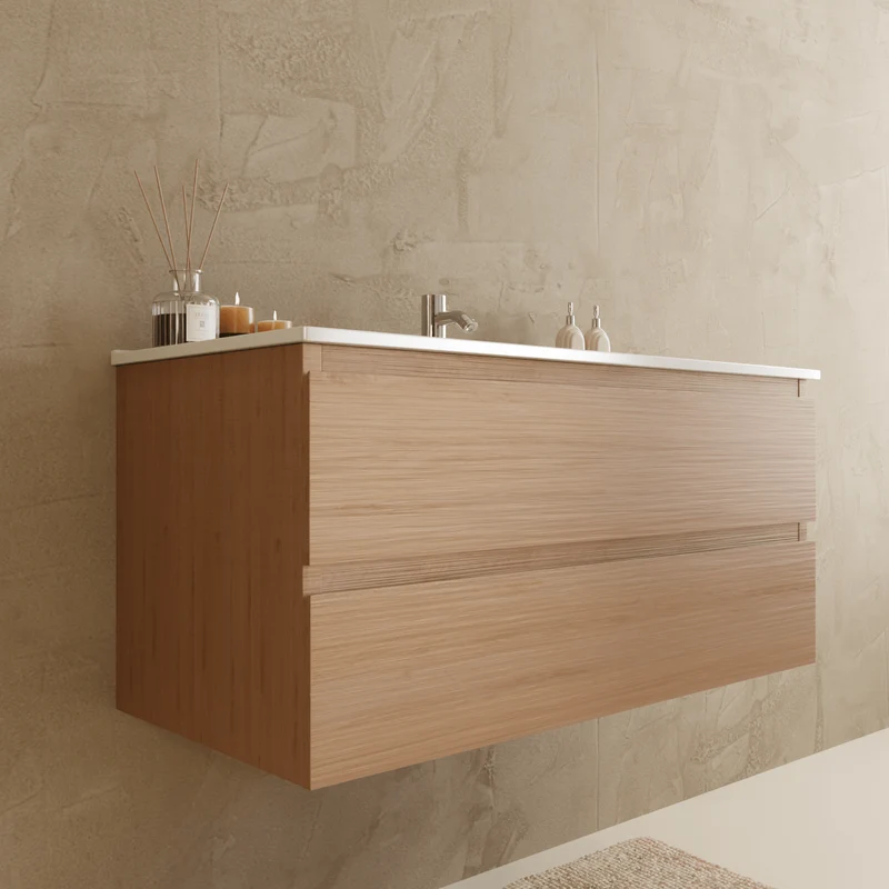 Badmeubelset VERONA 100 cm - Met Kolomkast - Licht Eiken - Wastafel Wit