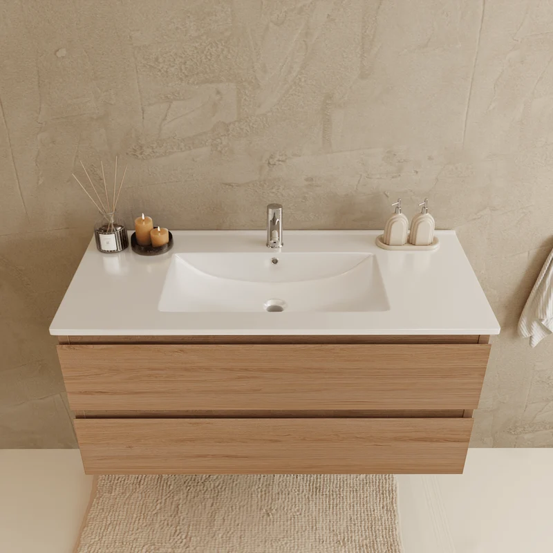 Badmeubelset VERONA 100 cm - Met Kolomkast - Licht Eiken - Wastafel Wit