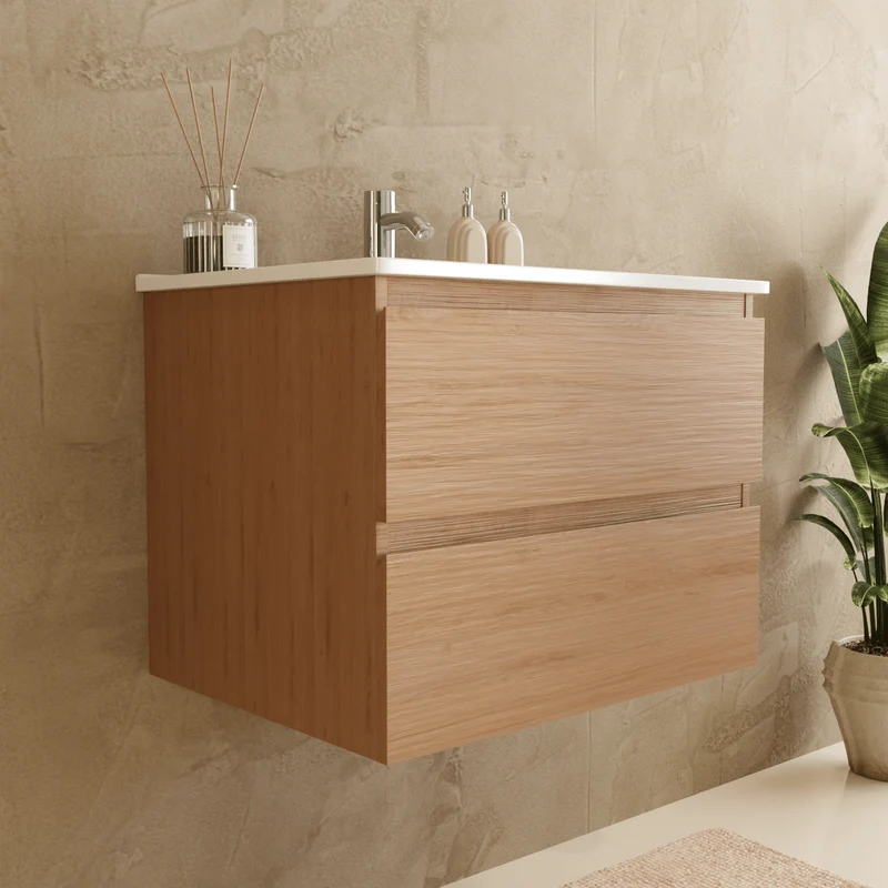 Badmeubelset VERONA 60 cm - Met Kolomkast - Licht Eiken - Wastafel Wit