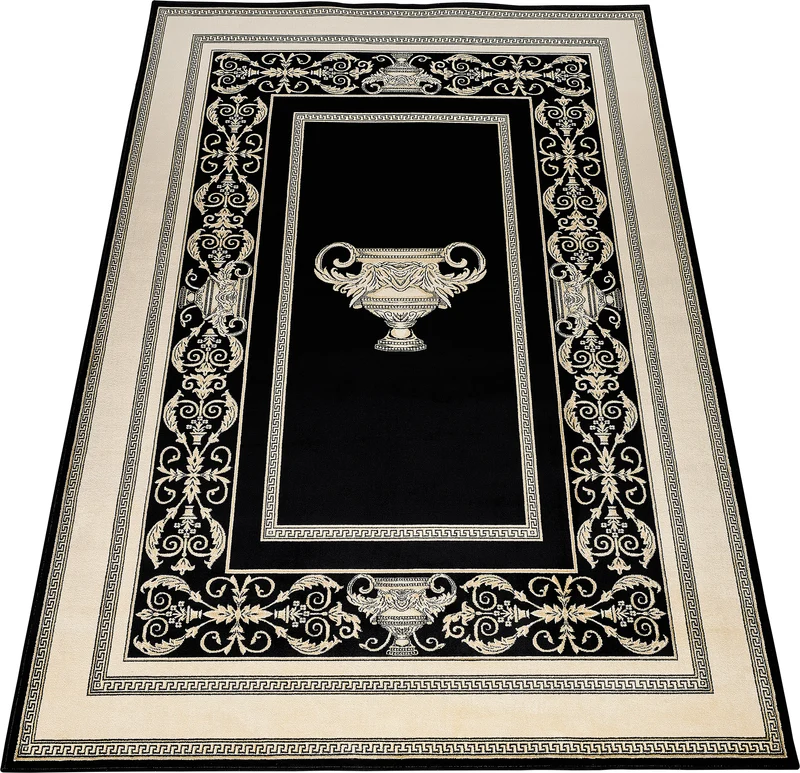 Luxus Designer Teppich Mike Milano in Schwarz Gold mit Amphore Motiv - 100% Viskose hochwertig, rutschfest, allergikerfreundlich, Fußbodenheizung geeignet
