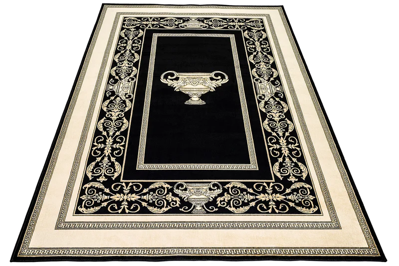 Luxus Designer Teppich Mike Milano in Schwarz Gold mit Amphore Motiv - 100% Viskose hochwertig, rutschfest, allergikerfreundlich, Fußbodenheizung geeignet