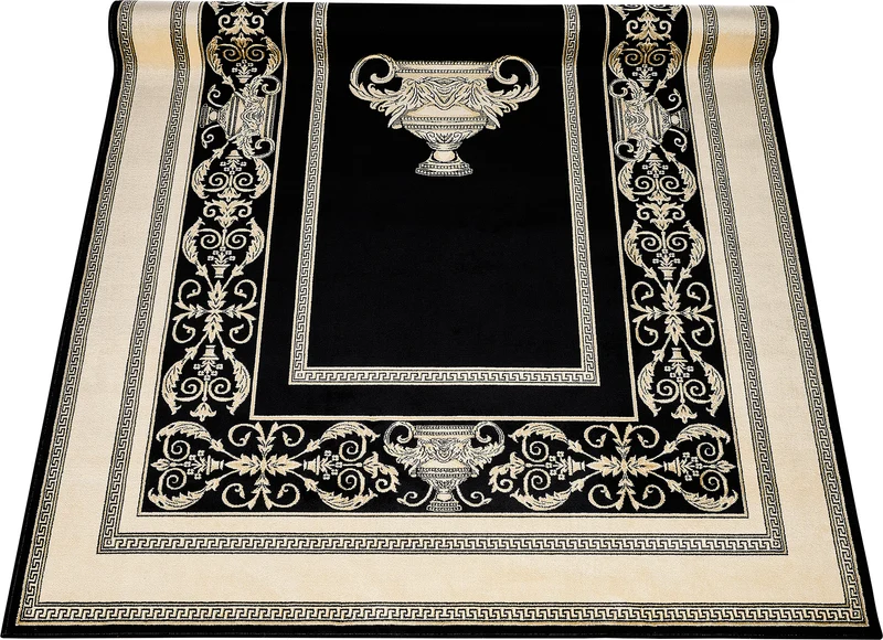 Luxus Designer Teppich Mike Milano in Schwarz Gold mit Amphore Motiv - 100% Viskose hochwertig, rutschfest, allergikerfreundlich, Fußbodenheizung geeignet