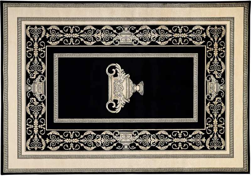 Luxus Designer Teppich Mike Milano in Schwarz Gold mit Amphore Motiv - 100% Viskose hochwertig, rutschfest, allergikerfreundlich, Fußbodenheizung geeignet