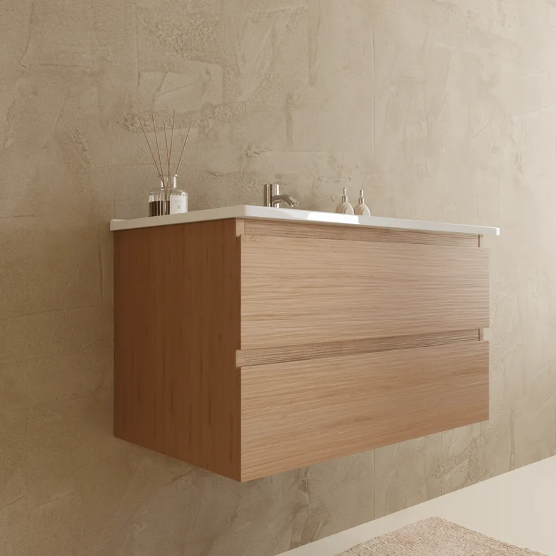 Badmeubelset VERONA 80 cm - Met Kolomkast - Licht Eiken - Wastafel Wit