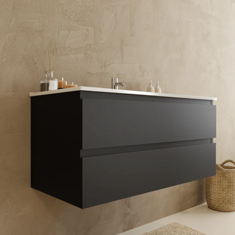 Badmeubelset VERONA 100 cm - Met Kolomkast - Mat Zwart - Wastafel Wit
