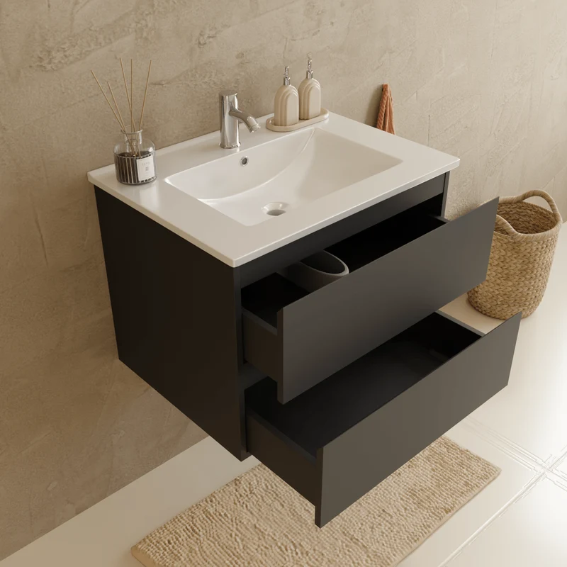 Badmeubelset VERONA 60 cm - Met Kolomkast - Mat Zwart - Wastafel Wit