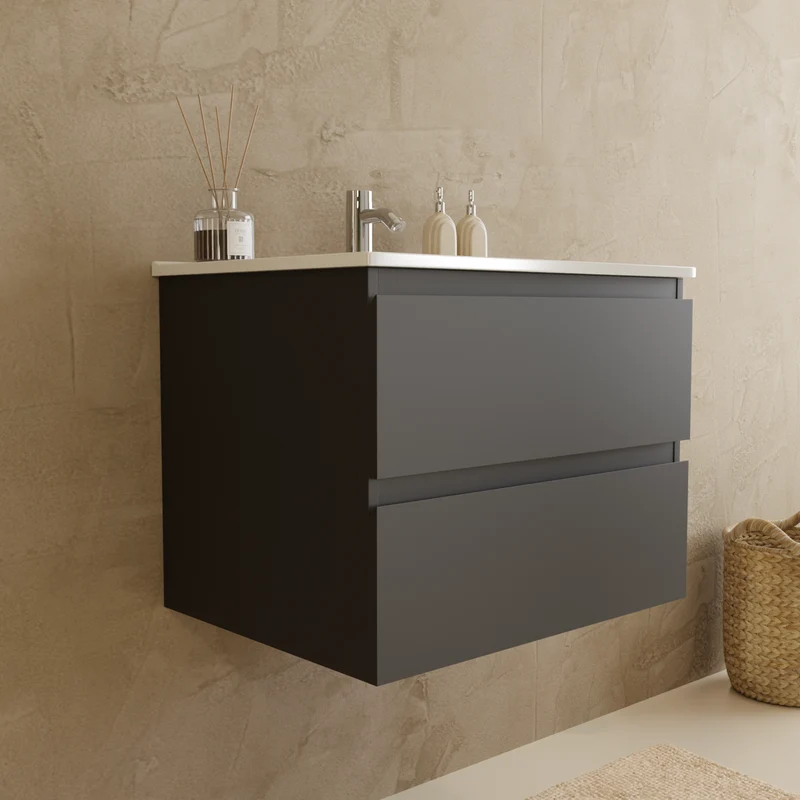 Badmeubelset VERONA 60 cm - Met Kolomkast - Mat Zwart - Wastafel Wit