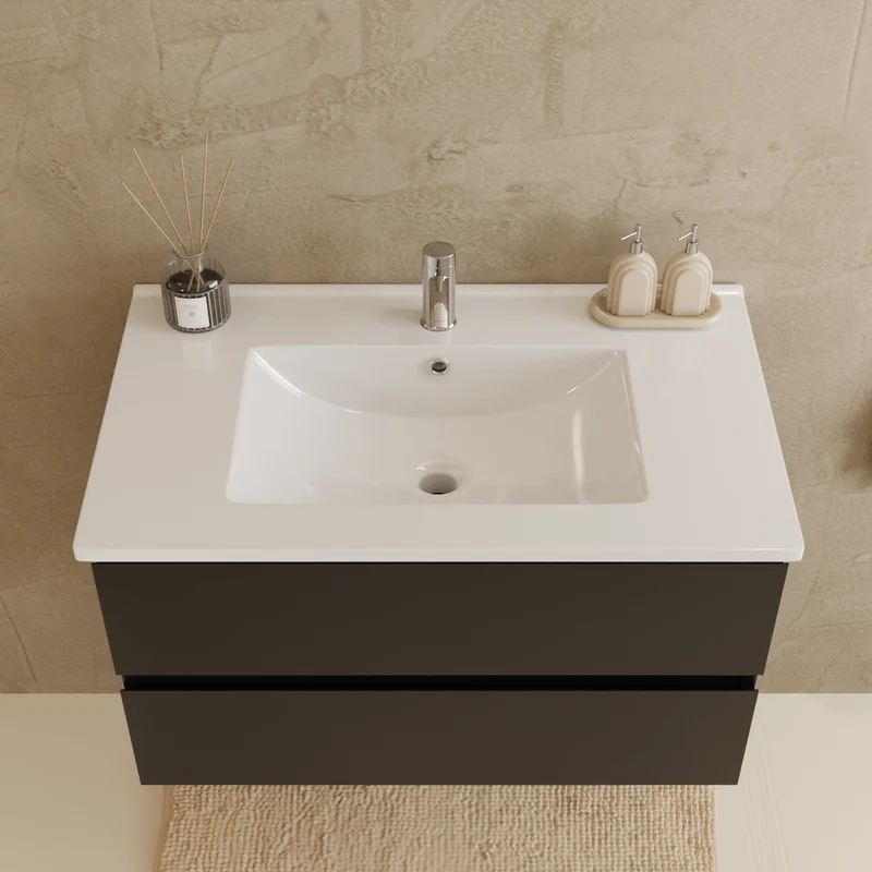 Badmeubelset VERONA 80 cm - Met Kolomkast - Mat Zwart - Wastafel Wit