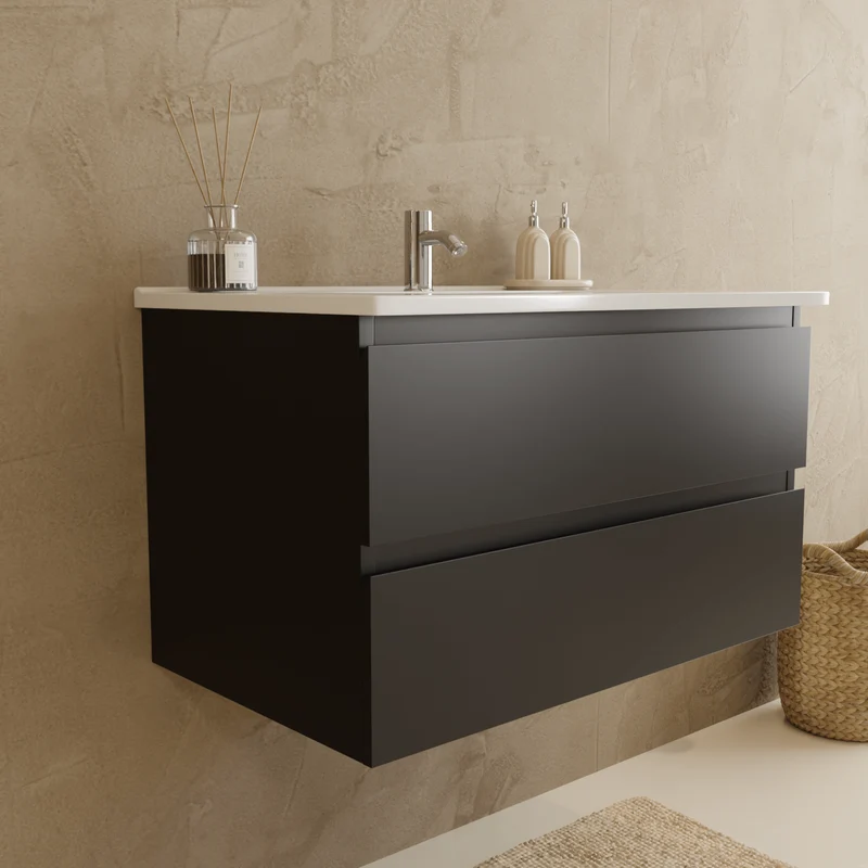 MARENZA Mat Zwart - Wastafel Wit - 80cm