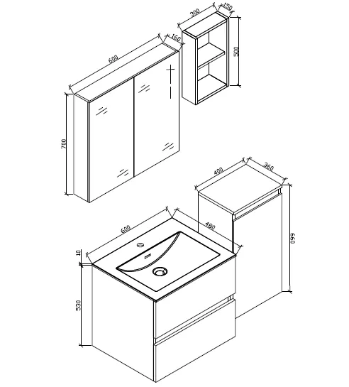 Waschtisch + Unterschrank 60cm, montiert, Eiche hell, SIENA