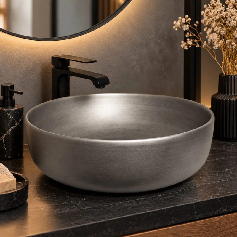 Rundes Aufsatzwaschbecken aus Keramik SILVER, gebürstetes Metallgrau
