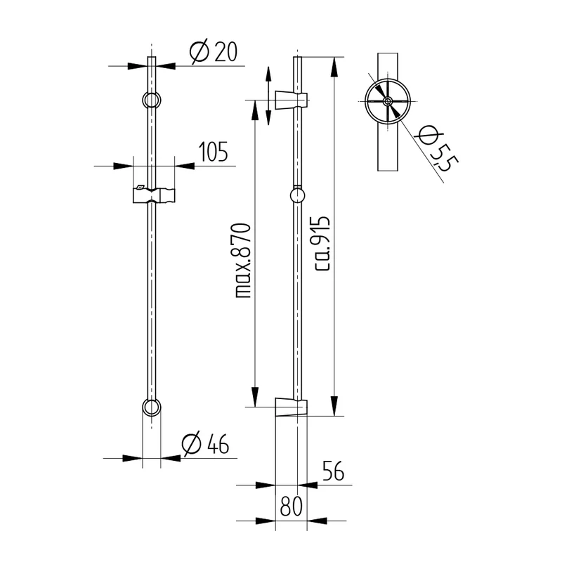 Brausestange 915 mm – mit Gleiter für Handbrause, variable Befestigung oben, Chrom oder Schwarz matt, Art.Nr. 6906