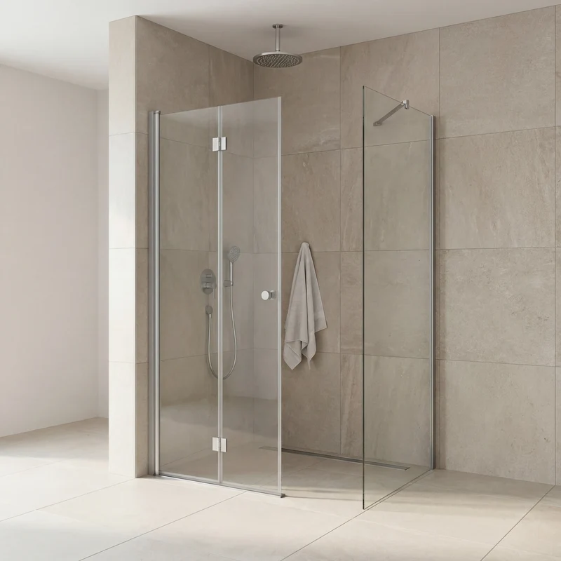 Eckdusche, Falttür mit fester Seitenwand, 6 mm ESG-Glas, EasyCare, 200 cm hoch