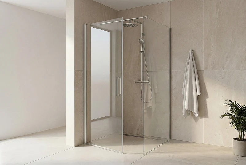 Eckdusche, Drehtür mit fester Seitenwand, 6 mm ESG-Glas, EasyCare, 200 cm hoch