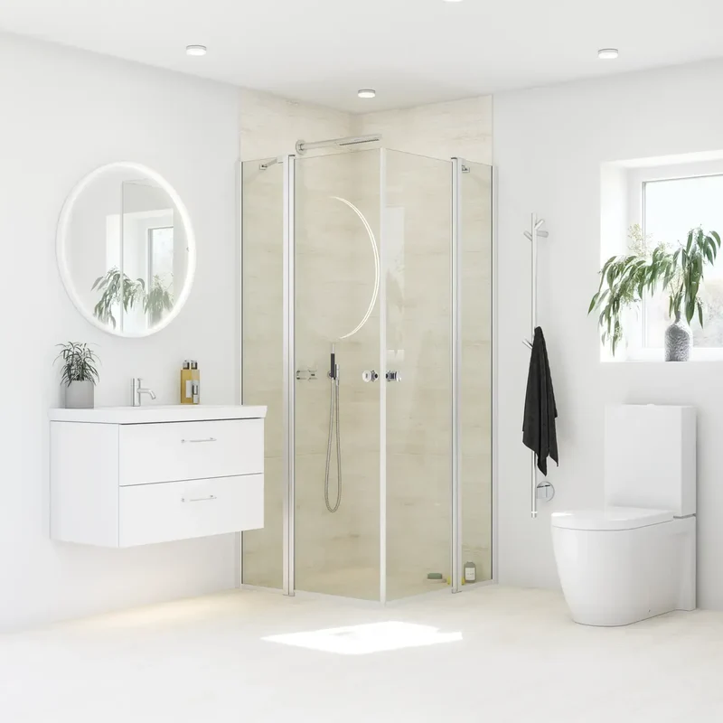 Eckdusche mit zwei Drehtüren, Komplett-Set mit Wandprofilen, 6 mm ESG-Glas, EasyCare, 200 cm hoch