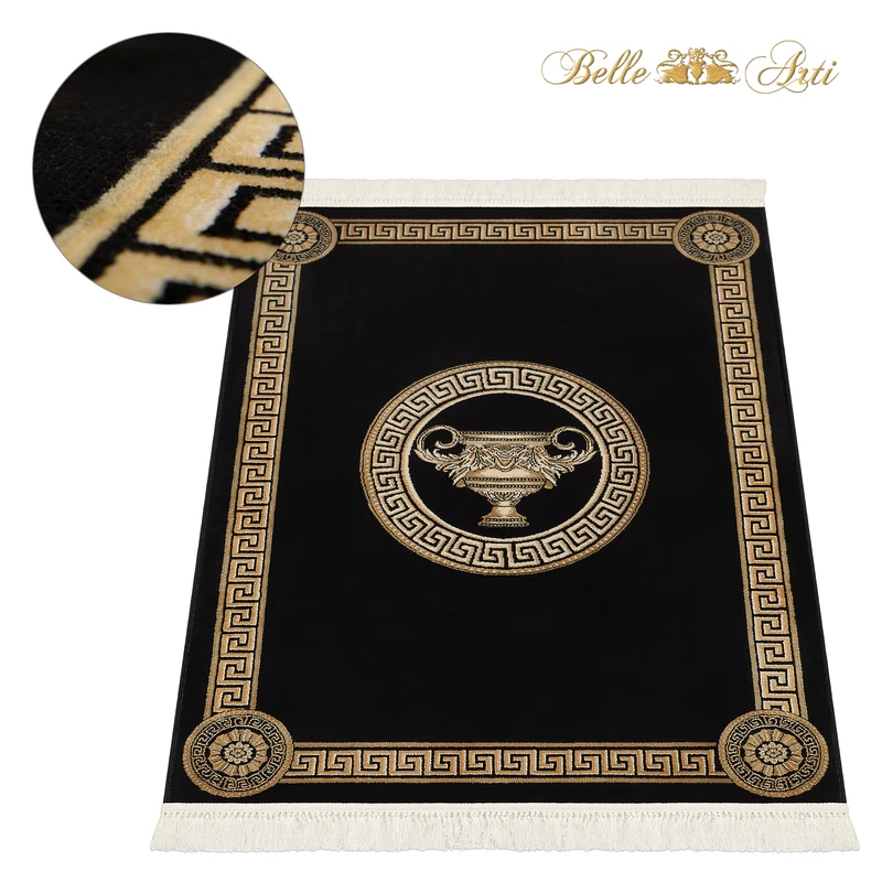 Luxus Teppich Wohnzimmer mit Amphore Motiv in schwarz gold - 100% Viskose - Kurzflor & Seidenglanz
