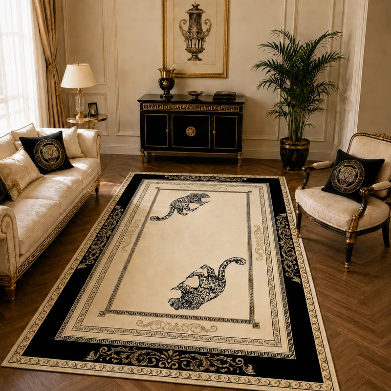 Luxus Teppich Jaguar Motiv - schwarz beige gold - 100% Viskose