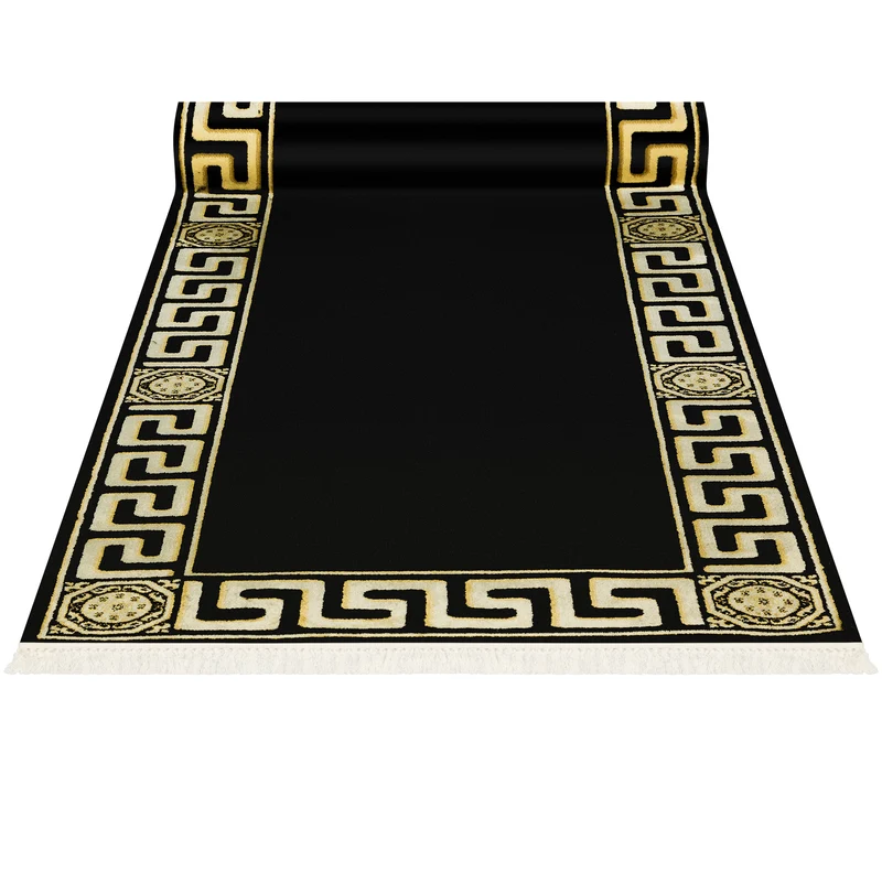 Premium Designer Teppichläufer schwarz gold mit Mäander Motiv - 100% Viskose & Seidenglanz