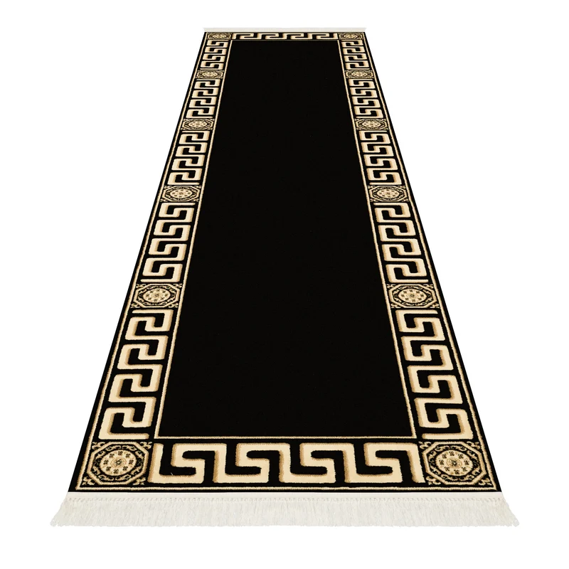 Premium Designer Teppichläufer schwarz gold mit Mäander Motiv - 100% Viskose & Seidenglanz