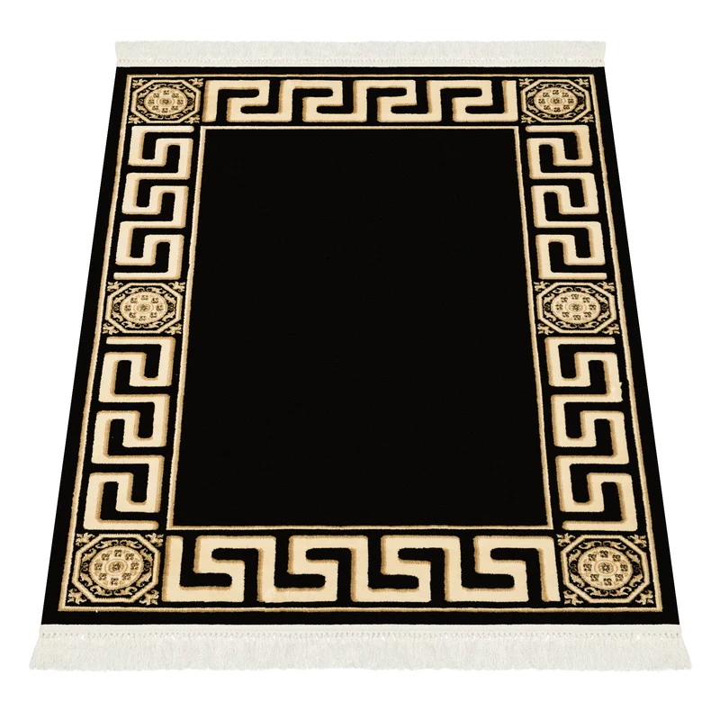 Premium Designer Teppich schwarz gold mit Mäander Motiv - 100% Viskose & Seidenglanz