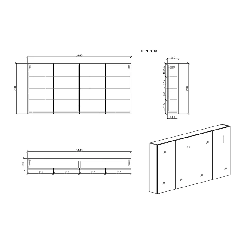 Spiegelschrank Bad, 144 cm, montiert, Nussbaum, SIENA