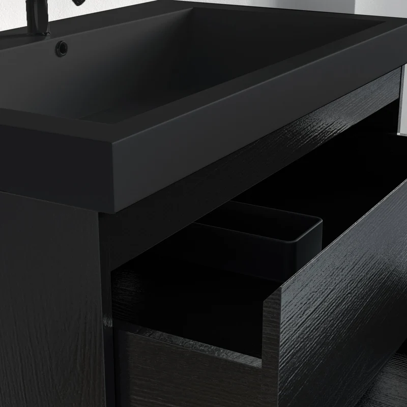 Badmeubelset AVALON 80 cm - Met Kolomkast - Zwart Eiken - Wastafel Zwart