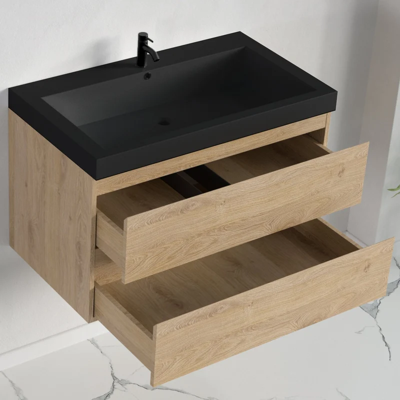 Badmeubelset AVALON 80 cm - Met Kolomkast - Licht Eiken - Wastafel Zwart