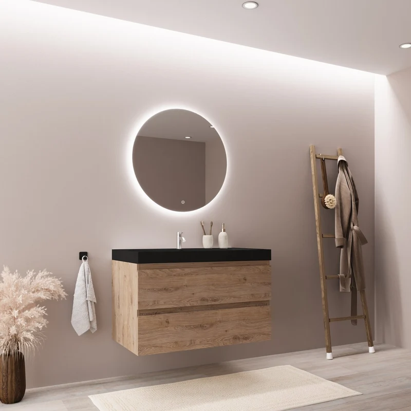 MONACO Licht Eiken - Wastafel Zwart - 80cm
