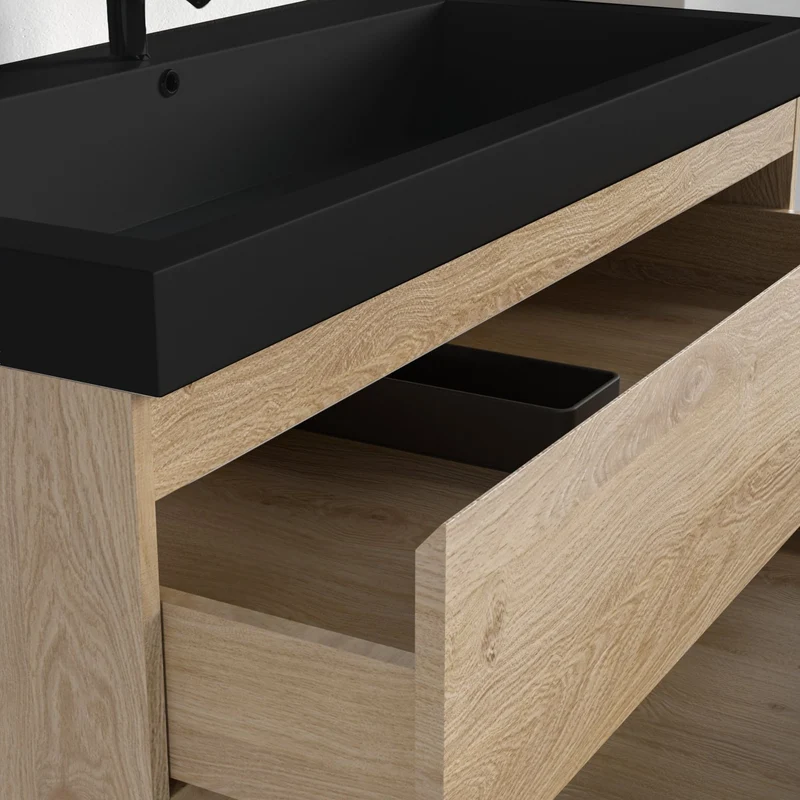 Badmeubelset AVALON 100 cm - Met Kolomkast - Licht Eiken - Wastafel Zwart