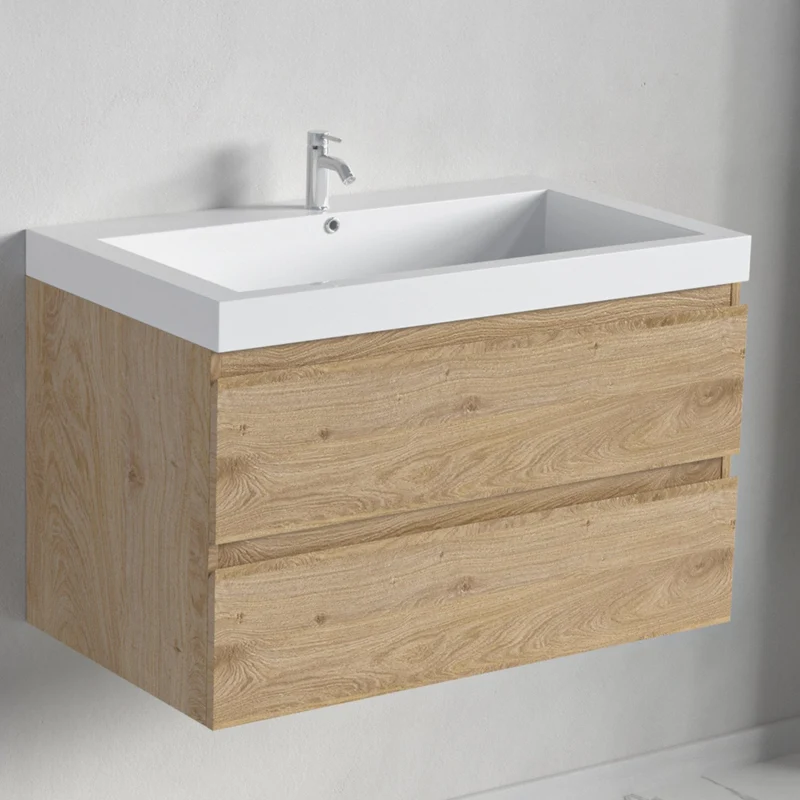 Badmeubelset AVALON 80 cm - Met Kolomkast - Licht Eiken - Wastafel Wit