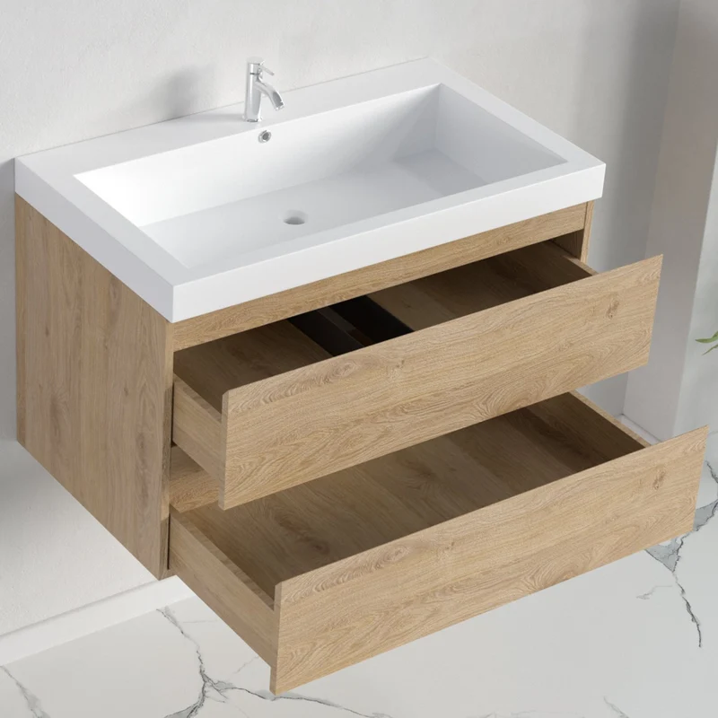Badmeubelset AVALON 80 cm - Met Kolomkast - Licht Eiken - Wastafel Wit