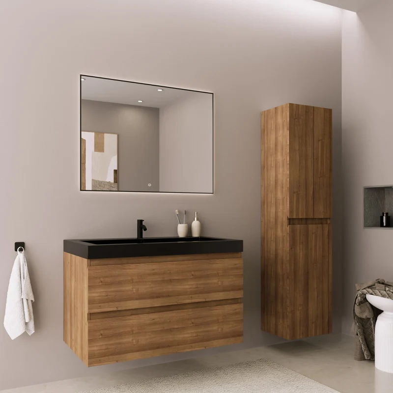 Badmeubelset AVALON 80 cm - Met Kolomkast - Warm Eiken - Wastafel Zwart