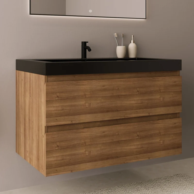 Badmeubelset AVALON 80 cm - Met Kolomkast - Warm Eiken - Wastafel Zwart
