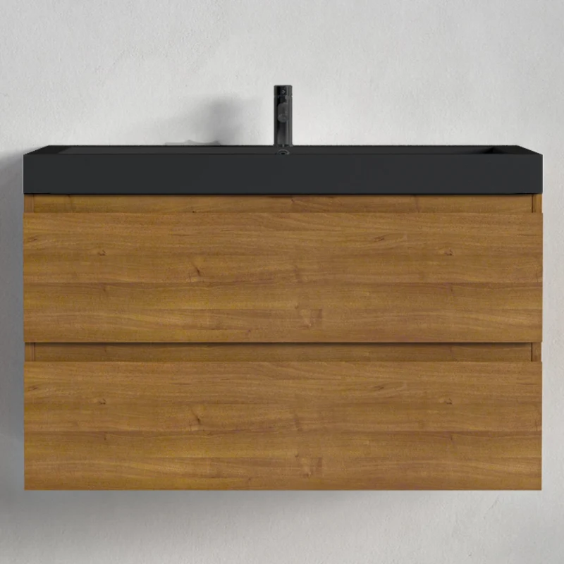 Badmeubelset AVALON 80 cm - Met Kolomkast - Warm Eiken - Wastafel Zwart