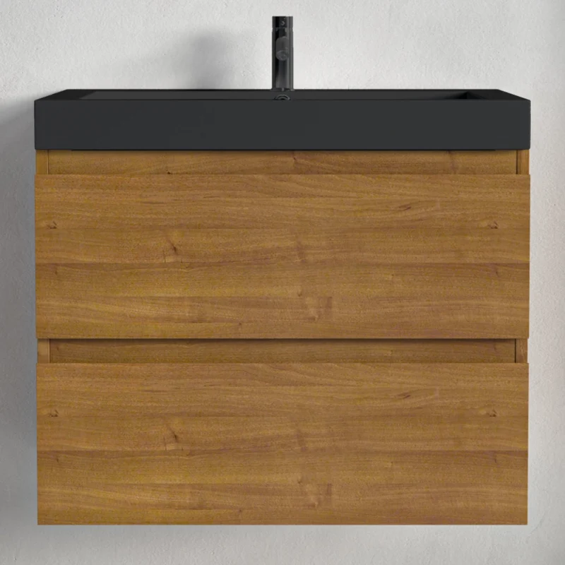 Badmeubelset AVALON 60 cm - Met Kolomkast - Warm Eiken - Wastafel Zwart