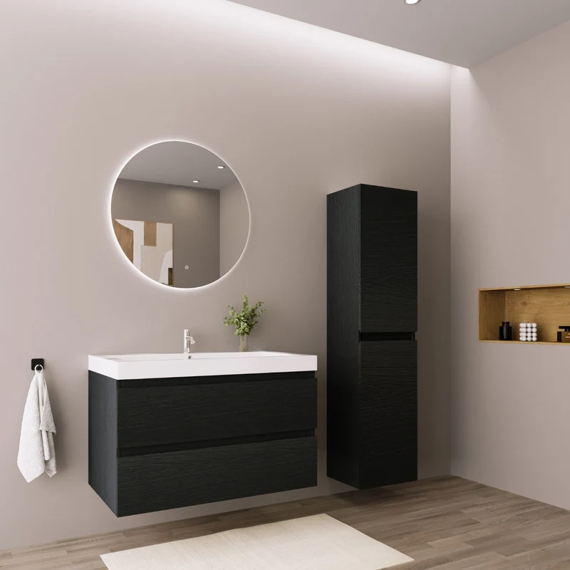 Badmeubelset AVALON 80 cm - Met Kolomkast - Zwart Eiken - Wastafel Wit
