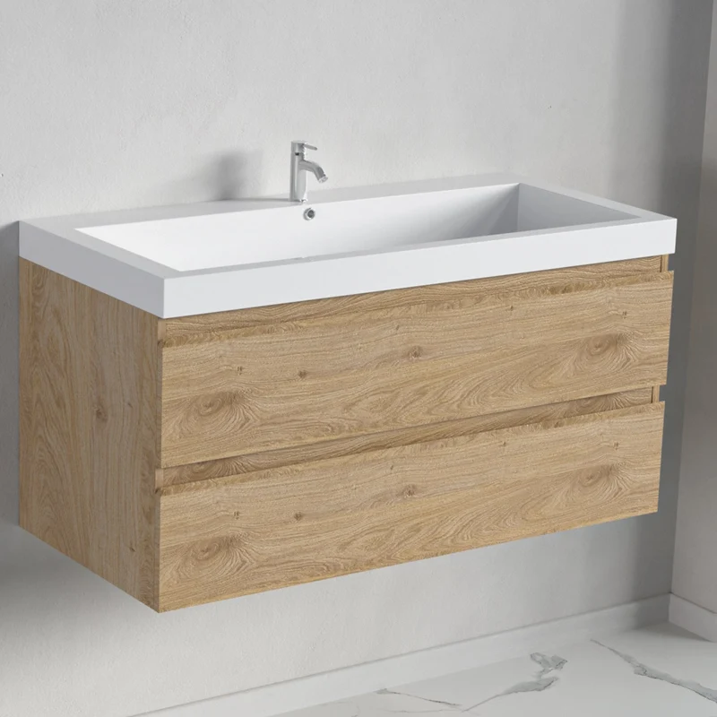 Badmeubelset AVALON 100 cm - Met Kolomkast - Licht Eiken - Wastafel Wit