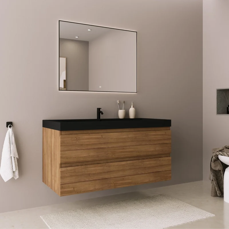 Badmeubelset AVALON 100 cm - Met Kolomkast - Warm Eiken - Wastafel Zwart